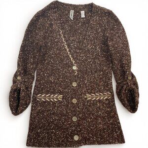 BKE Vintage 3/4 Sleeve Brown Western Cardigan Knit Salt Pepper Sweater Women's L